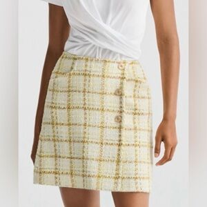 Cabi Women’s Size 8 Coco Yellow Cream Tweed Mini Skirt #6362 Pockets Lined‎